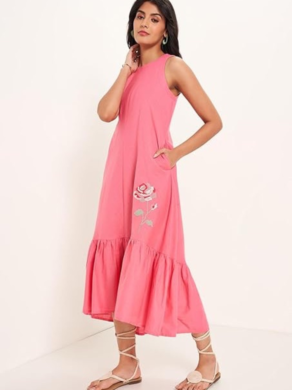 Pink Akkriti by Pantaloons Sleeveless Cotton Midi Dress